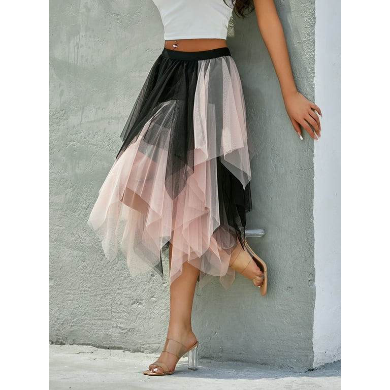 Women s Tulle Skirt Formal High Low Asymmetrical Midi Tea Length Elastic Waist Tutu Skirts