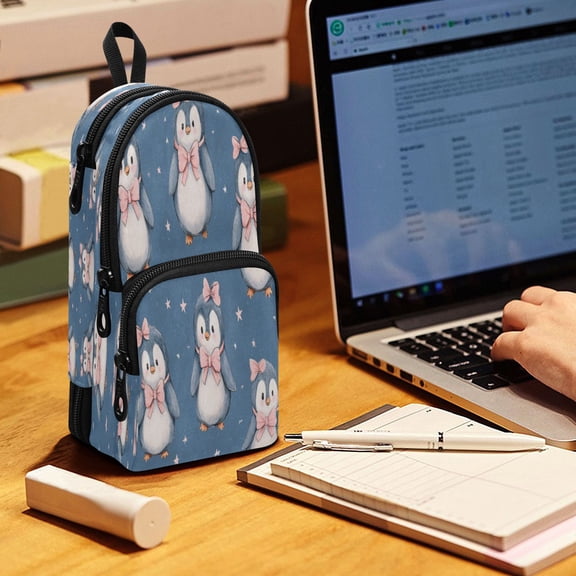 Backpack Pencil Case, 3 Compartment Large Capacity Oxford Fabric Pencil Pouch / Starry Penguin Bows