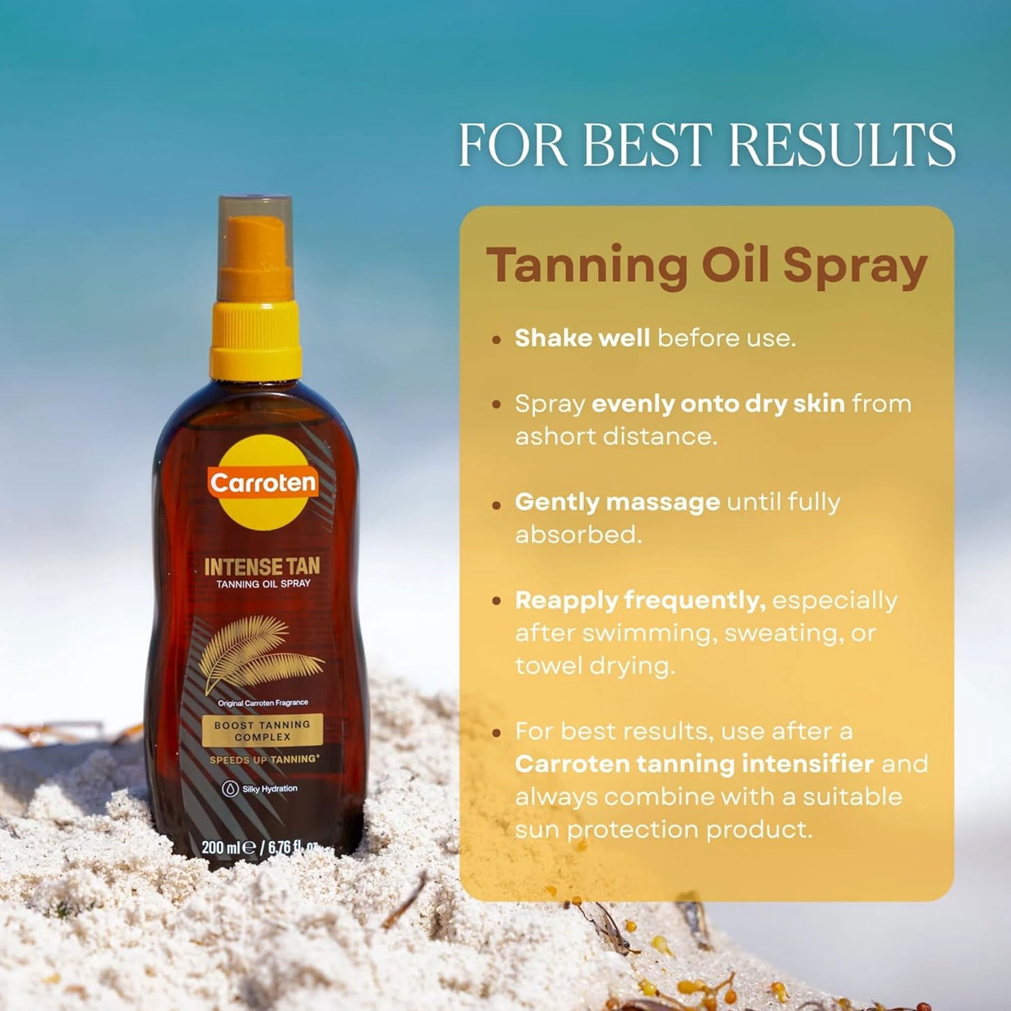 Carroten Intensive Tanning Oil Spray | Browning Tan Accelerator | Vitamin E and Carrot & Coconut Oils | Water-Resistant, Silky Hydration | Coconut Fragrance | Made in Greece | 6.7 oz