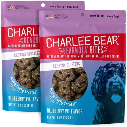 Charlee Bear Crunchy Dog Treats, Bearnola Bites Blueberry Pie, Puppy Training Treats, Vegan Dog Snacks, 8 oz Bags (2), Made USA