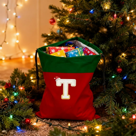 26 Letter Christmas Gift Bags - 12.2x14.96in Red Drawstring Storage Bags,Reusable Holiday Tote for Small Gifts & Tree Decor (Santa/Snowflake Pattern)