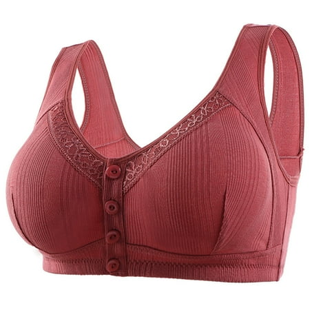 TrendVibe365 Front Closure Bras for Older Women Plus Size Cotton No Underwire Push up Bralettes Padded Button Front Clasp Wide Strap Corset Bra Full Coverage Crop Tank Top Sexy Underwear Red 46