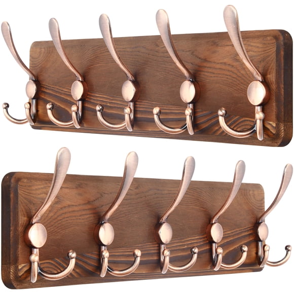 SKOLOO Coat Rack Wall Mounted - Pack of 2, Wooden, Heavy Duty, Rustic Coat Hooks for Wall, Wall Coat Rack with 5 Triple Hooks for
