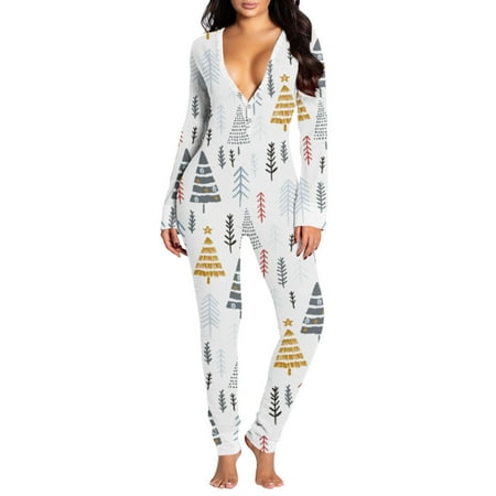 

Women s Christmas Onesie Pajamas Sexy Deep V Neck Butt Flap Comfy Bodysuit Long Sleeve One Piece Jumpsuit Rompers PJs