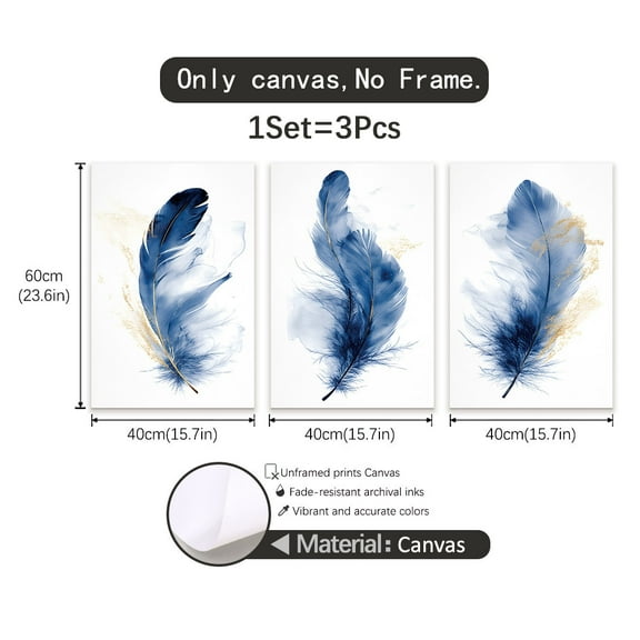 3 Pieces Modern Watercolor Blue Feather Illustration Canvas Print, Frameless Wall Art, Suitable for Living Room, Bedroom, Office-Elegant Home Decorative Gift, Frameless Wall Art