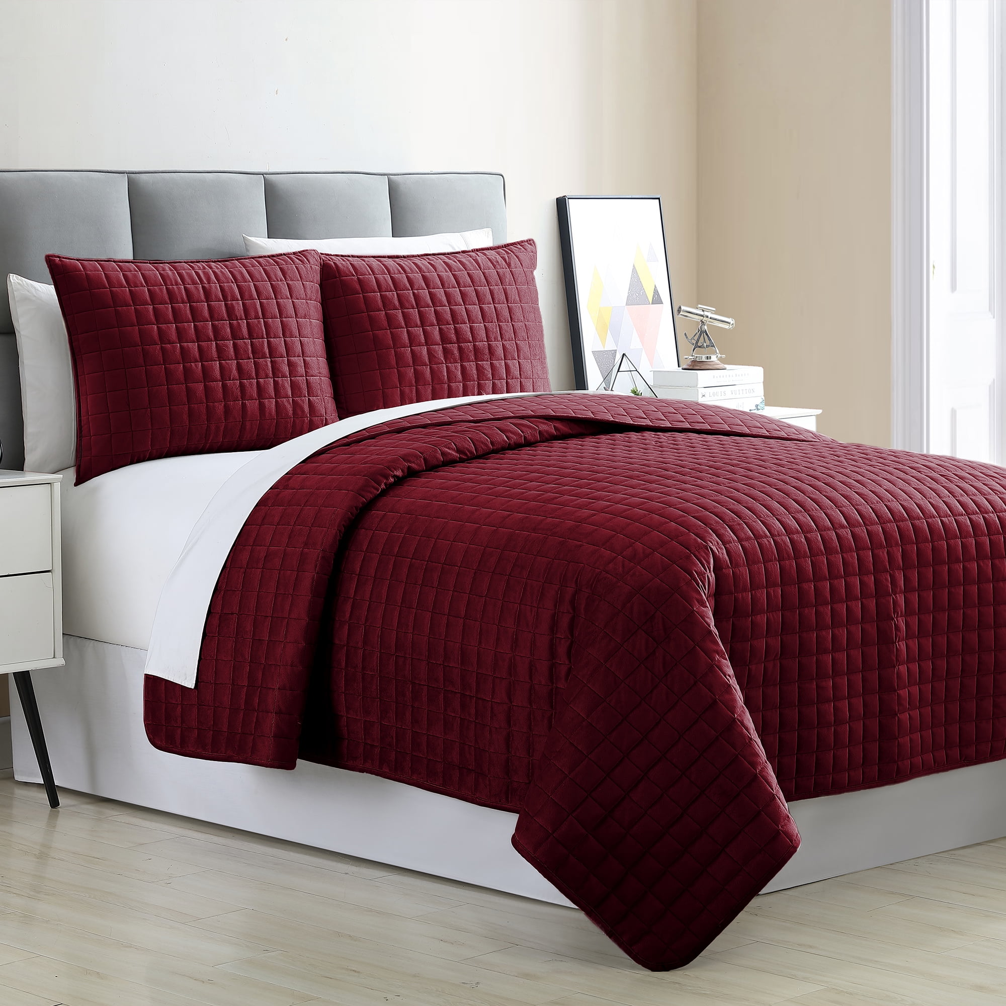 Cottage Lane 3 Piece Velvet BoxStitch Quilt Set Queen Burgundy
