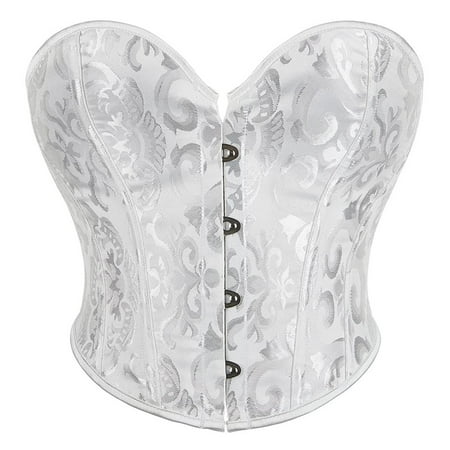 TrdSipl White Bustier Tops for Women Floral Trim Corset Lingerie Sexy Satin Lace Up Waist Cincher Plus Size Boned Cosplay Outfits 5XL