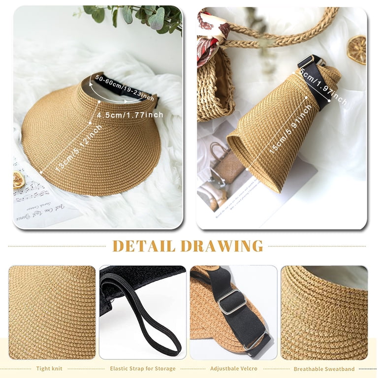 4pcs Women Roll Up Straw Sun Visor Hat, Wide Brim Foldable  display picture 1