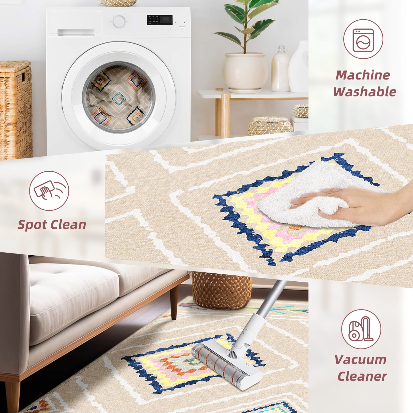 6'x9' Area Rugs for Living Room, Machine Washable Non-Slip Carpet, Soft Faux Wool Low Pile Moroccan Farmhouse Western Rug, Beige