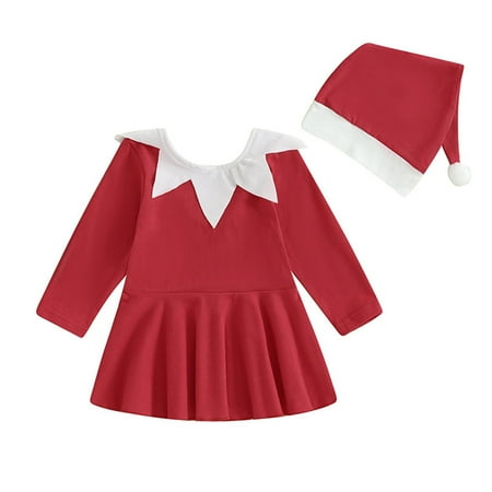 

WUXIAN Toddler Christmas Baby Simple Long Sleeve Solid Color Dress Hat Children Long Sleeve Casual Suit Clothes Classic Dailywear