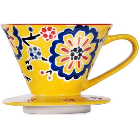 Porcelain 10 fl Pour Over Coffee Brewing Coffee Dripper Hand Painted Design Portable Daily Coffee Maker for Coffee Enthusiast At-home Baristas (Yellow Blossoms)