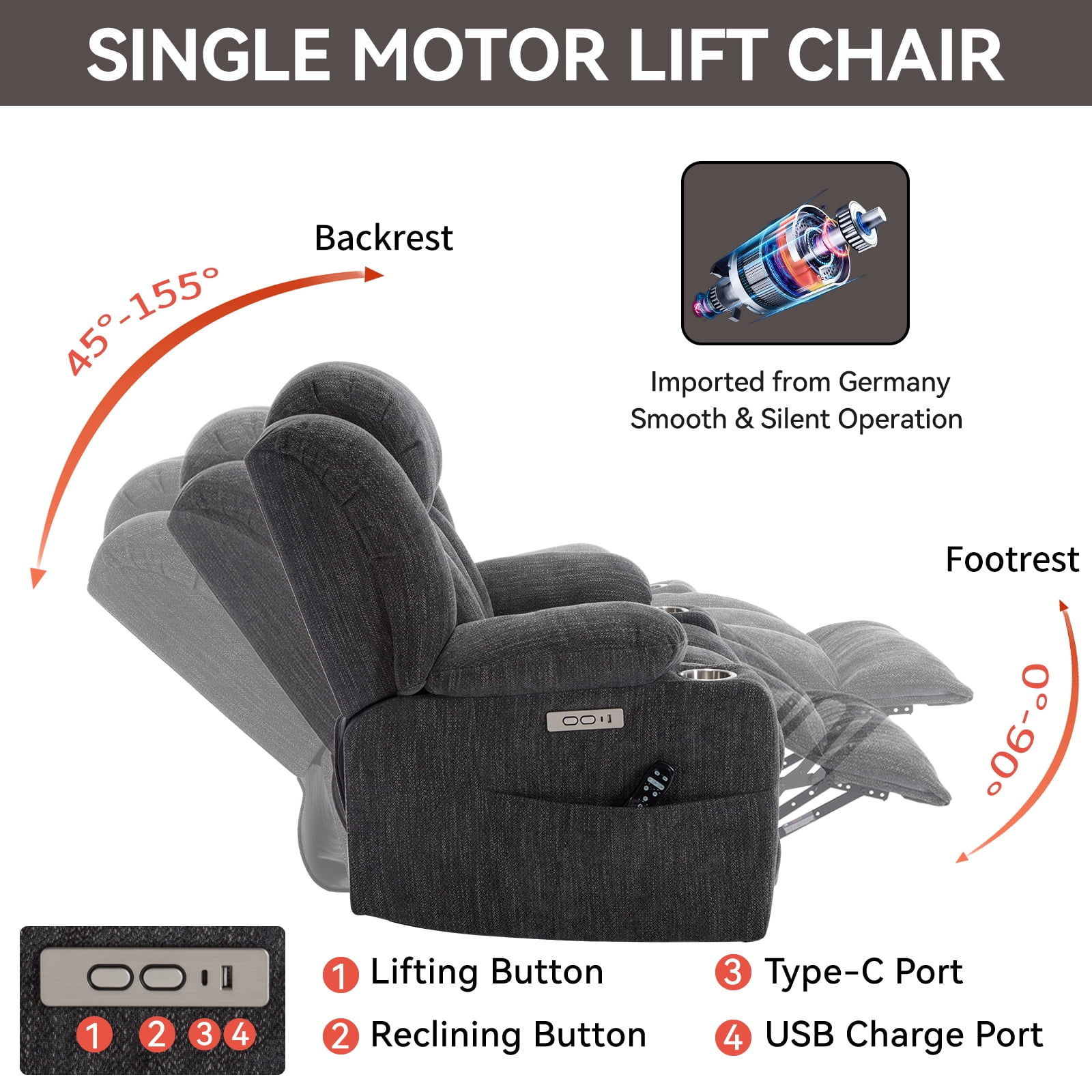 Alvantor Power Lift Recliner Chair for Elderly with Massage and Heat, Chenille Recliners Chair with USB Ports & Cup Holders Drak Brown