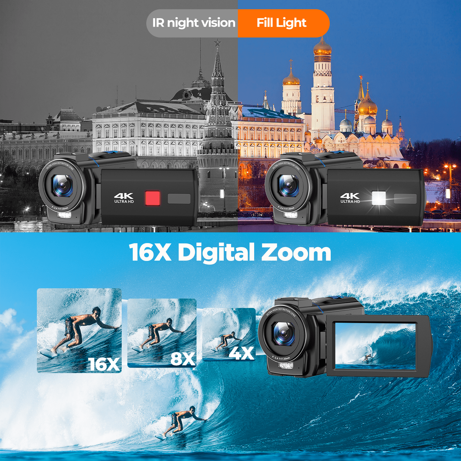 Campark 4K Video Camera Camcorder 48MP Vlogging Camera for YouTube with IR Night Vision 16X Digital Zoom 3.0" Touch Screen
