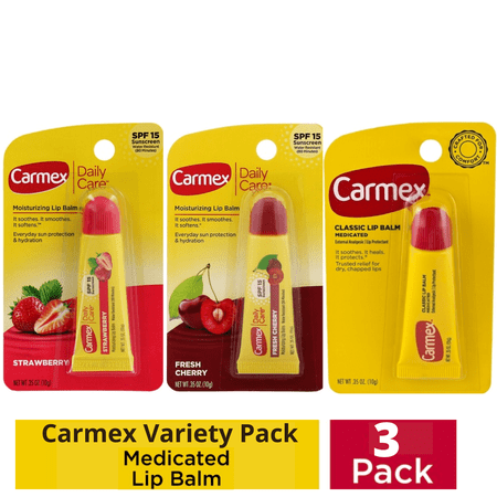 Carmex Medicated Lip Balm Tubes,Fresh Cherry,Strawberry,Classic Lip Moisturizers for Dry, Chapped Lips - 0.35 OZ.,Each (3 Pack Variety)