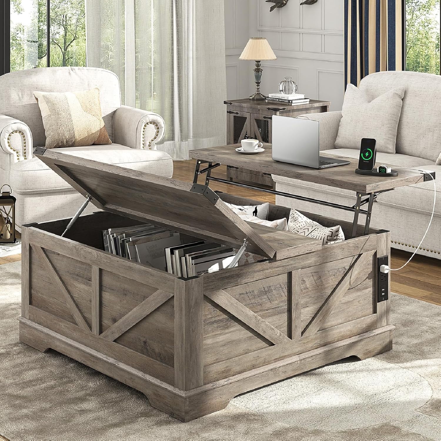 40" Large Farmhouse Lift Top Coffee Table with Power Outlets, Square Wood Living Room Table with Large Hidden Storage, Multi-Function Lift Wooden Barn Door Center Table, Gray