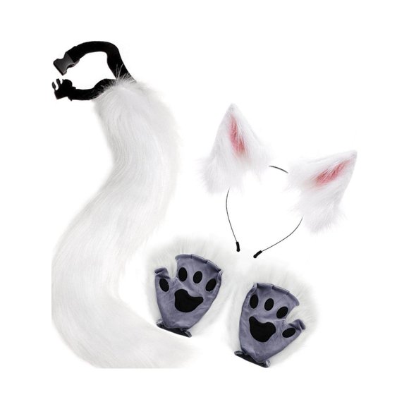 Cat Costume Animal Cosplay Kitten Plush Ears Furry Fancy Long Tail Fancy Dress up White