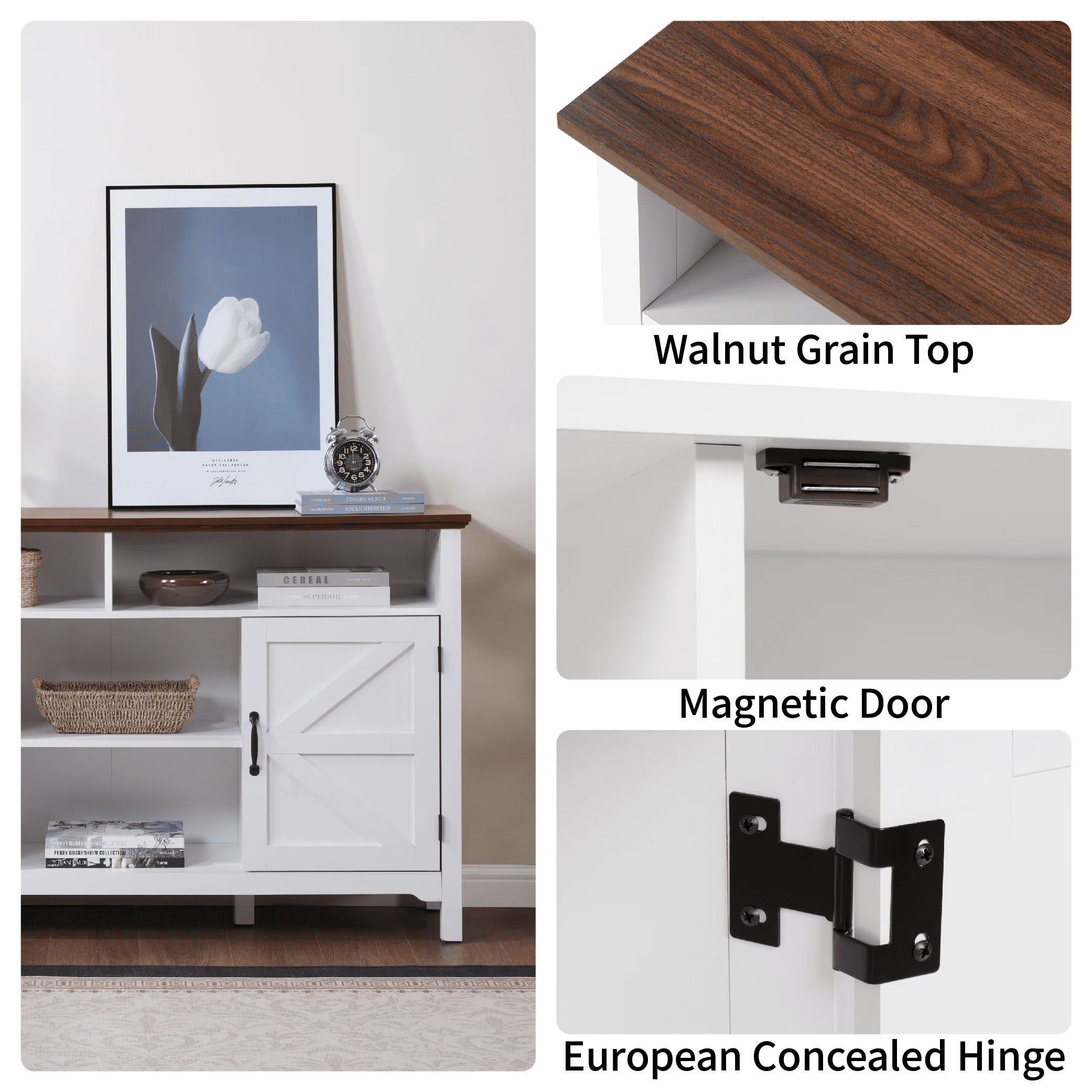 Farmhouse Buffet Cabinet with Hinged Barn Doors, 58" Kitchen Sideboard for Dining Room