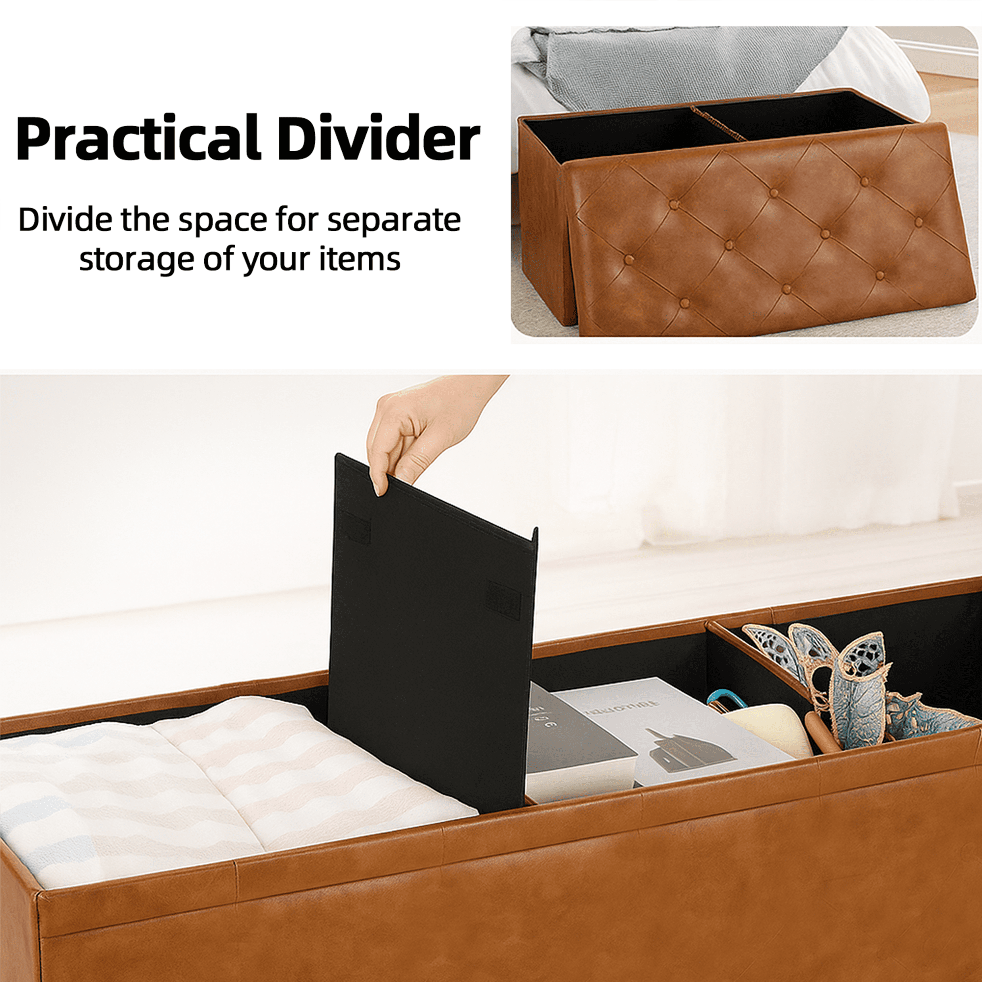 CONCETTA 43" Storage Ottoman – Foldable Faux Leather Stool with Storage, 660 lb Capacity, for Bedroom, Living Room, Entryway, Brown