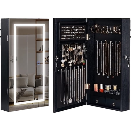 Wall-Mount Jewelry Cabinet With Frameless Mirror - Lockable, Lots Of Storage For Earrings, Necklaces, Rings
