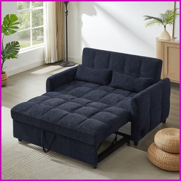 Modern Chenille Loveseat Sofa Bed 52.8” – Convertible Sleeper with Adjustable Backrest & 3 USB Ports for Living Room, Blue
