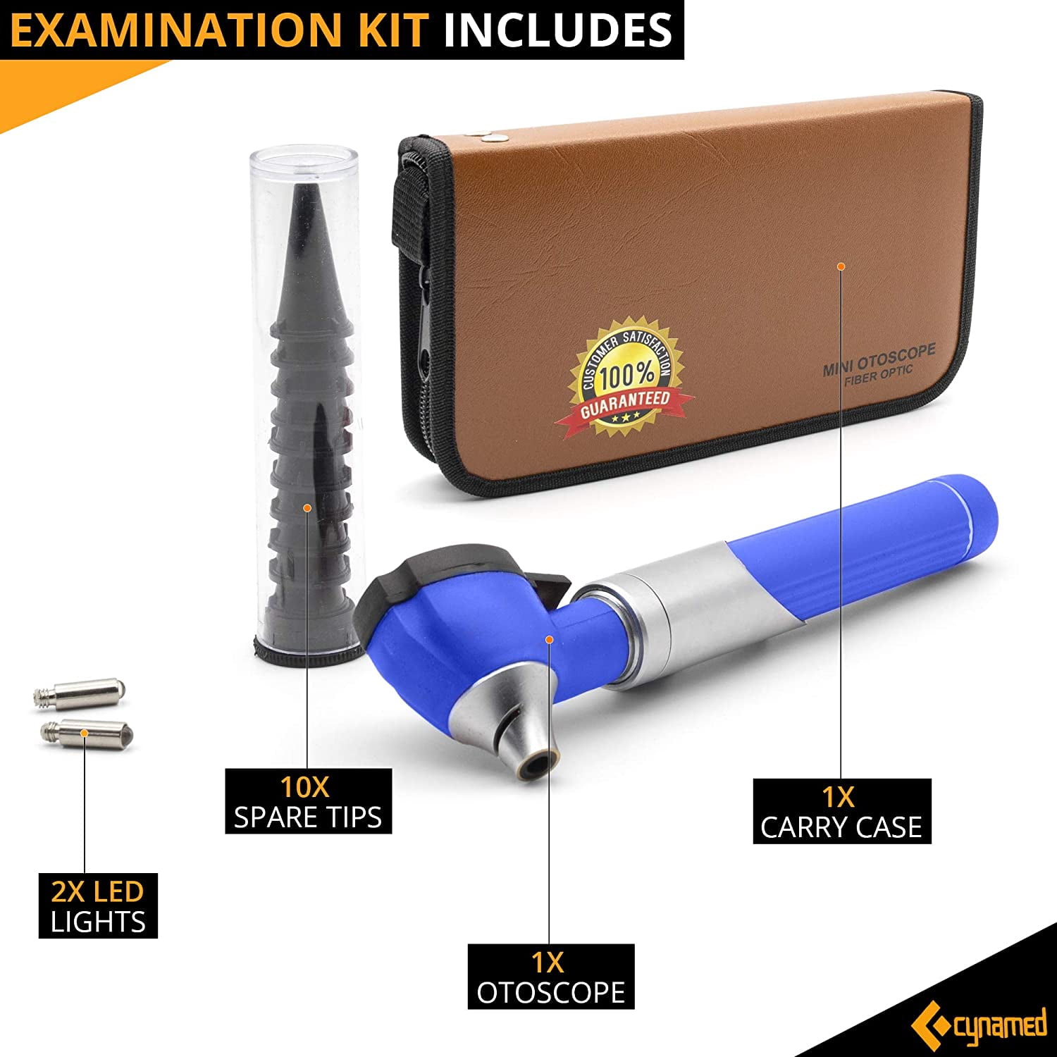 Cynamed Mini Otoscope - Portable Ear Light and Exam Kit for Home and Professional Use - 4X Magnifying Fiber Optic Scope with Spare Tips, Bulb, and Carrying Case - Pocket Diagnostic Equipment (Blue)