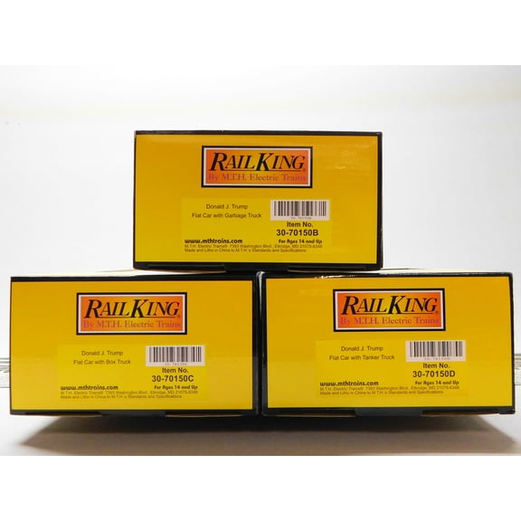MTH RAILKING DONALD J TRUMP FLAT CARS w TRUCKS 3 PACK O GAUGE 30-70150