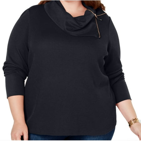 TOMMY HILFIGER $70 Womens New 1329 Navy Zip Neck Long Sleeve Top 0X Plus B+B