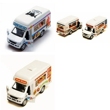 Set of 3 Diecast Toy Food Trucks - Ice Cream, Fast Food, Tacos Pull Back