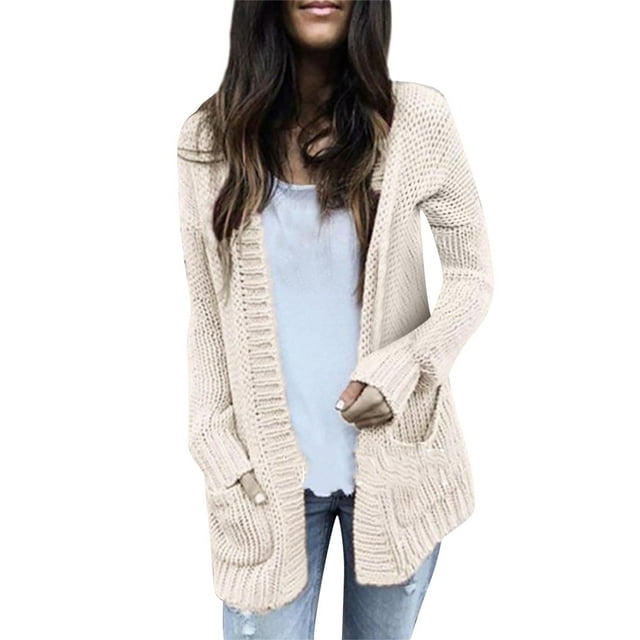 Manteau d'Hiver Automne pour Femmes Trench-Coat Chaud Col Rond Tricoté Ample Ouvert Mi-Longueur Cardigan Mode