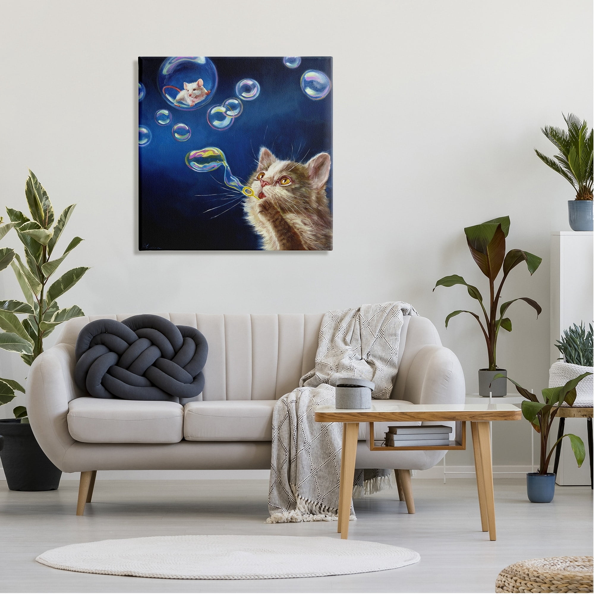 Stupell Industries Cat & Mouse Blowing Bubbles Animals & Insects Painting Gallery Wrapped Canvas Print Wall Art