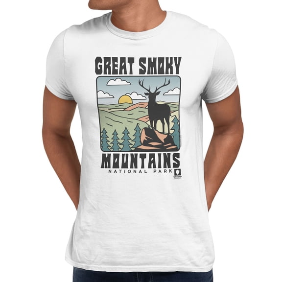National Park Foundation Great Smoky Mountain Deer Sunrise Men's T Shirt (White, S-XXXL)