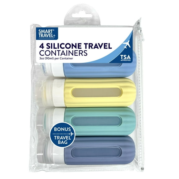 Best Brands Smart Travel 4 Pack Silicone Travel Container Set with Clear Case, Color May Vary
