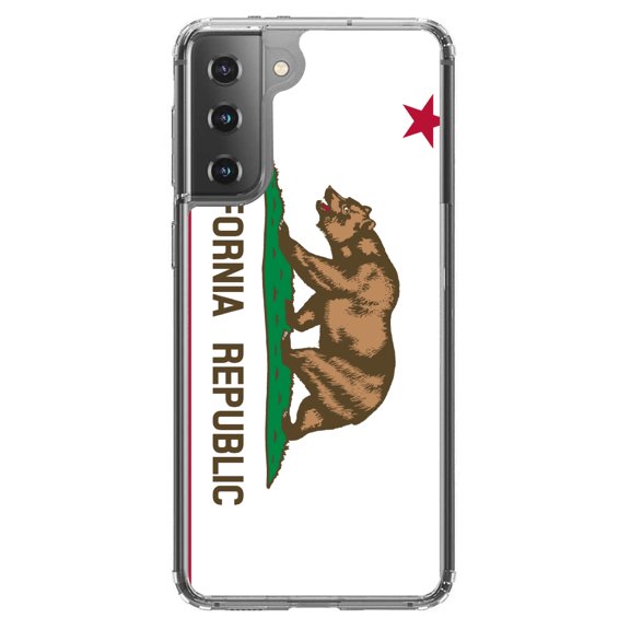 DistinctInk Clear Shockproof Hybrid Case for Galaxy S21 5G (6.2" Screen) - TPU Bumper, Acrylic Back, Tempered Glass Screen Protector - California State Flag - US State Flag