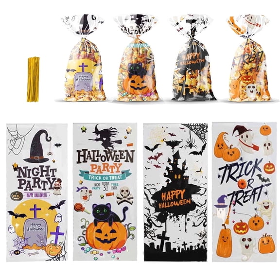 Halloween Cellophane Treat Bags, 100pcs Halloween Pumpkin Goodie Bags with Gold Twists for Snacks Cookies Candies Packing 10.6Ă—5.1in