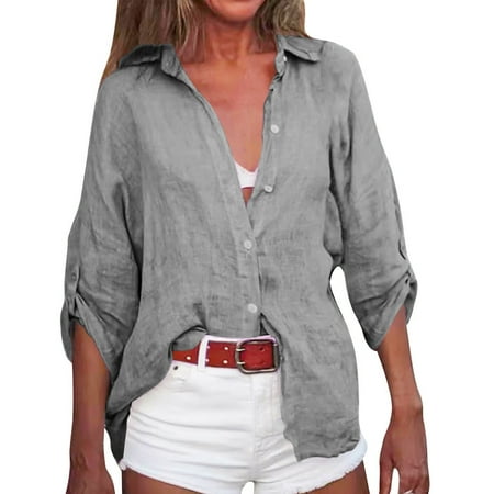 BOBOGOJP Womens Beach Cover Up Button Down Shirts Summer Cotton Gauze Tops Long Sleeve Bikini Swimsuit (Gray XL)