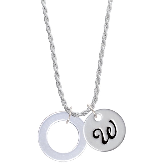 Delight Jewelry Acrylic 7/8" Ring Imitation Pearl Silvertone Script Initial Disc - W - Charm Necklace, 20"+3"