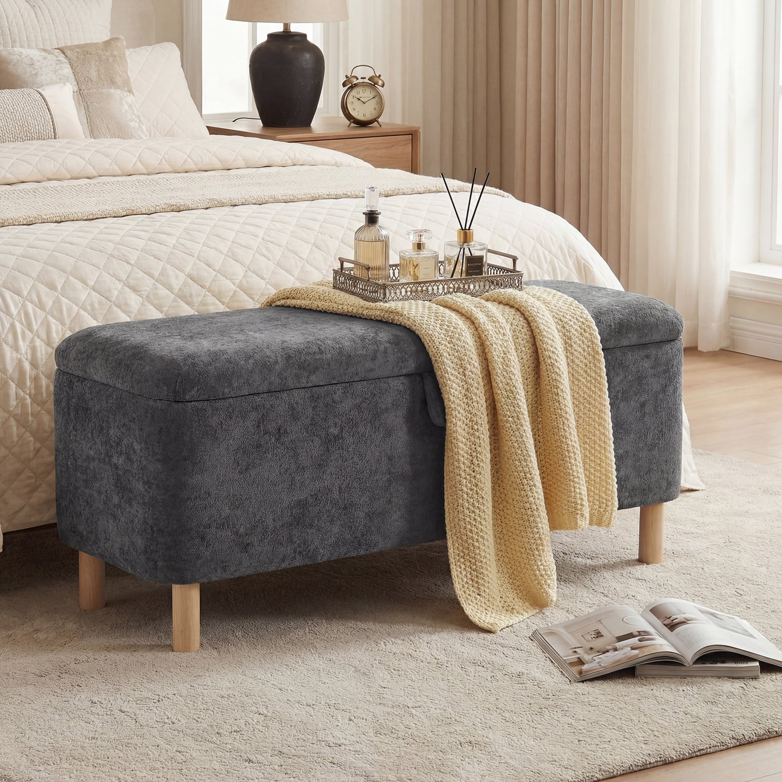 AFO 40" Storage Ottoman Bench, Large 80L End of Bed Bench with Safety Hinge, Upholstered Footrest for Bedroom Living Room Entryway, Dark Gray