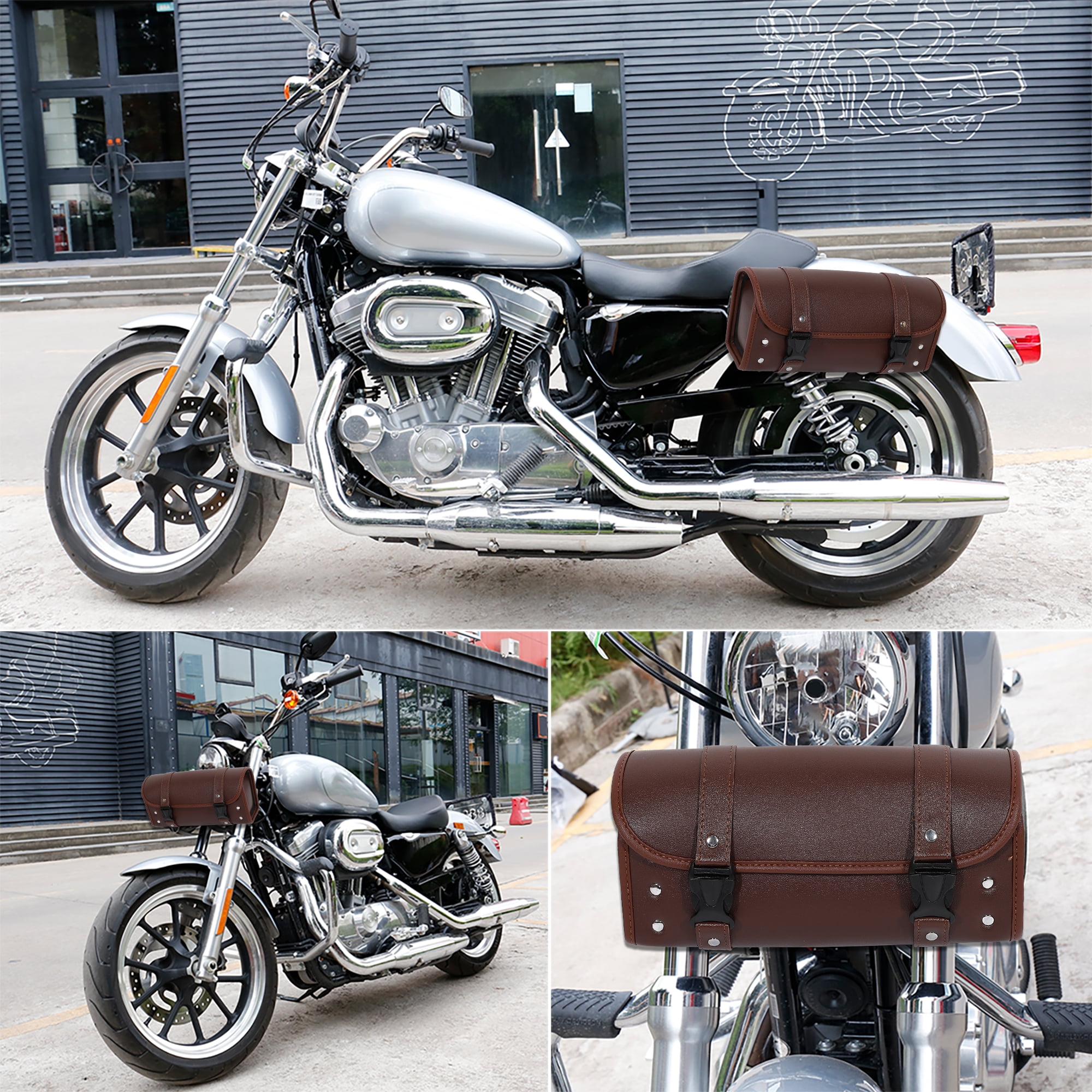 Unique Bargains Motorcycle Tool Bag Waterproof PU Leather Brown 11.81"x5.12"