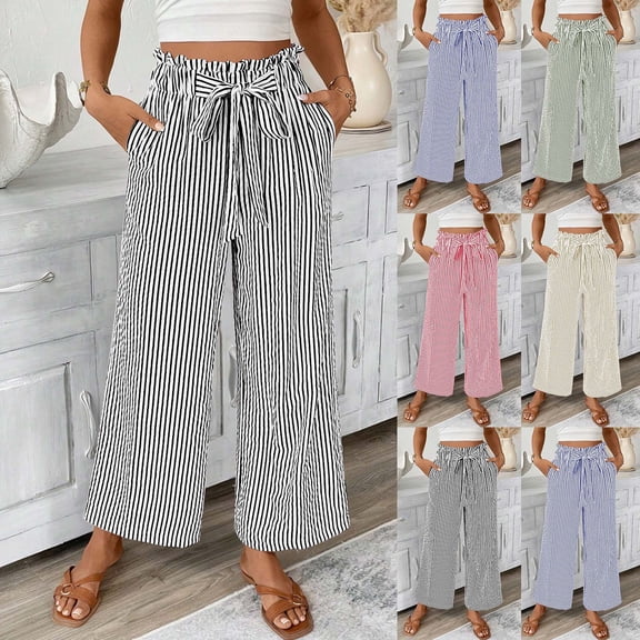 Loopsun Womens Long Pants, Wide Leg Casual Pants for Women, Women Striped Print High Waist Side Pocket Elastic Waist Drawstring Casual Pants Army Green, XXL