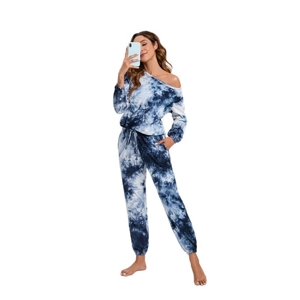Pantalones de manga larga para mujer, traje con cordón, pijama teñido anudado, ropa de casa de otoño e invierno