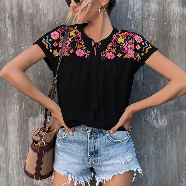 Tops de blusa bordada de verano para mujer, Tops de mujer bordados de manga  corta para mujer Tops de blusa bordada de manga corta para mujer Diseñado 