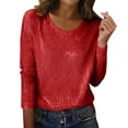 thumbnail image 1 of Breezora Haut Pailleté pour Femmes, Col Rond Scintillant, Chemise à Manches Longues, Blouse à Paillettes pour Sorties Décontractées, Tenue de Soirée, Taille TTG, Rouge, 1 of 5