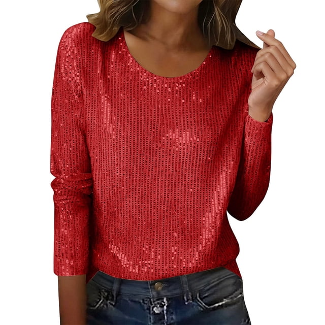 Breezora Haut Pailleté pour Femmes, Col Rond Scintillant, Chemise à Manches Longues, Blouse à Paillettes pour Sorties Décontractées, Tenue de Soirée, Taille TTG, Rouge