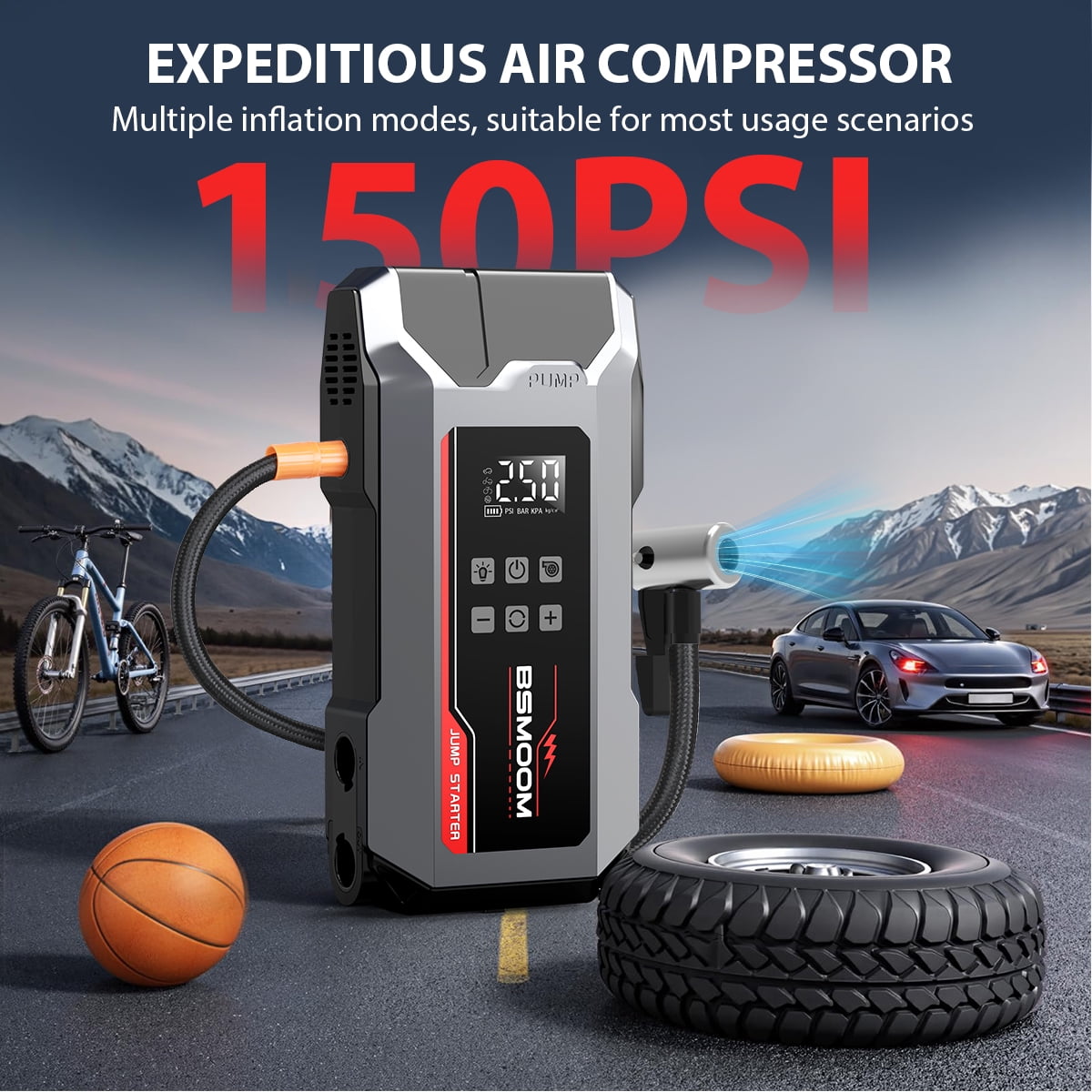 BSMOOM 8000A Car Battery Jump Starter with Air Compressor/Tire Inflator 150PSI, 9-in-1 Portable Jump Starter Power Pack for ALL Gas/10L Diesel, 12V Jumper Box with Air Pump, USB Ports, LCD, LED Light