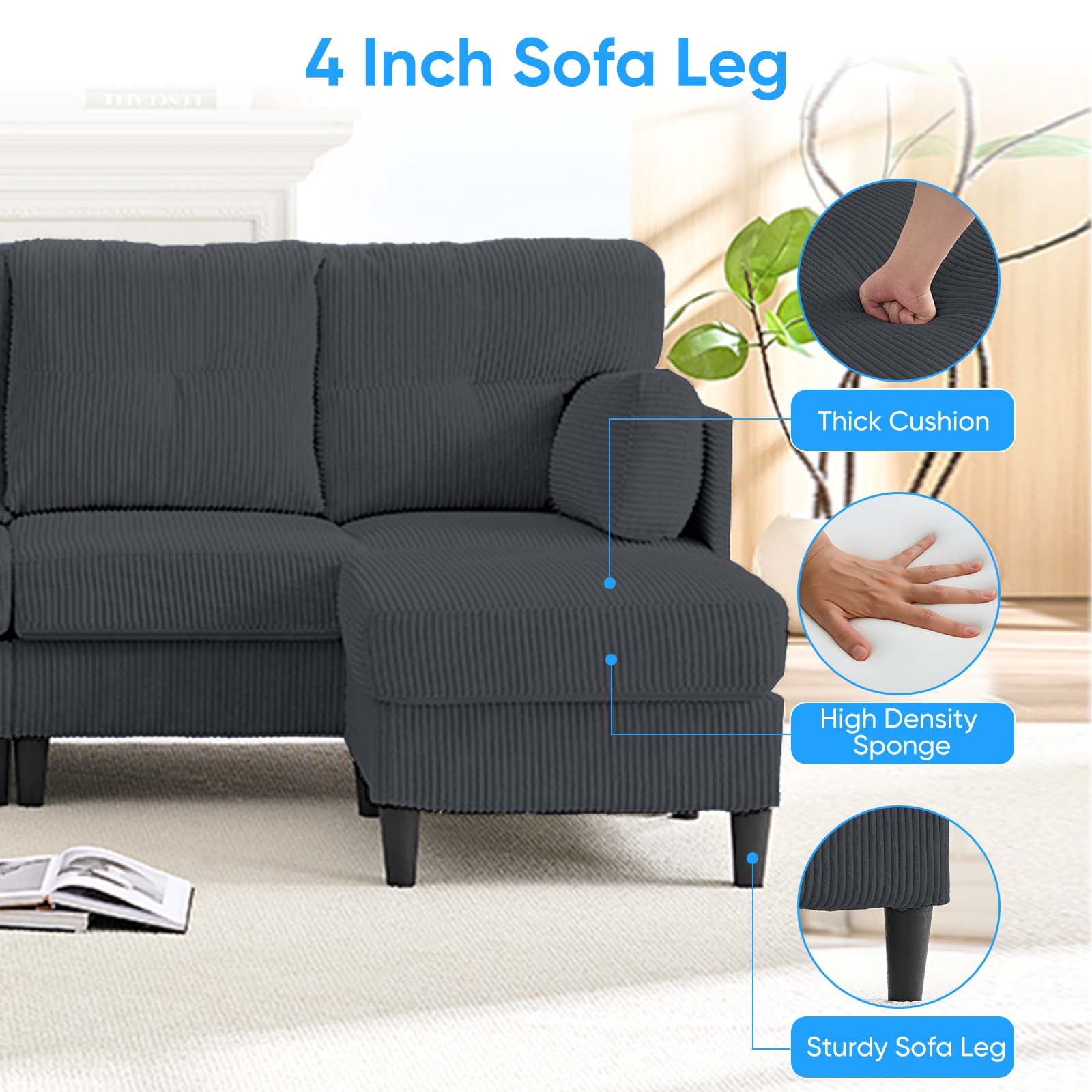 ijuicy Convertible U/L Shaped Sofa with Chaises, 6 Seater Couch for Living Room, Dark Gray