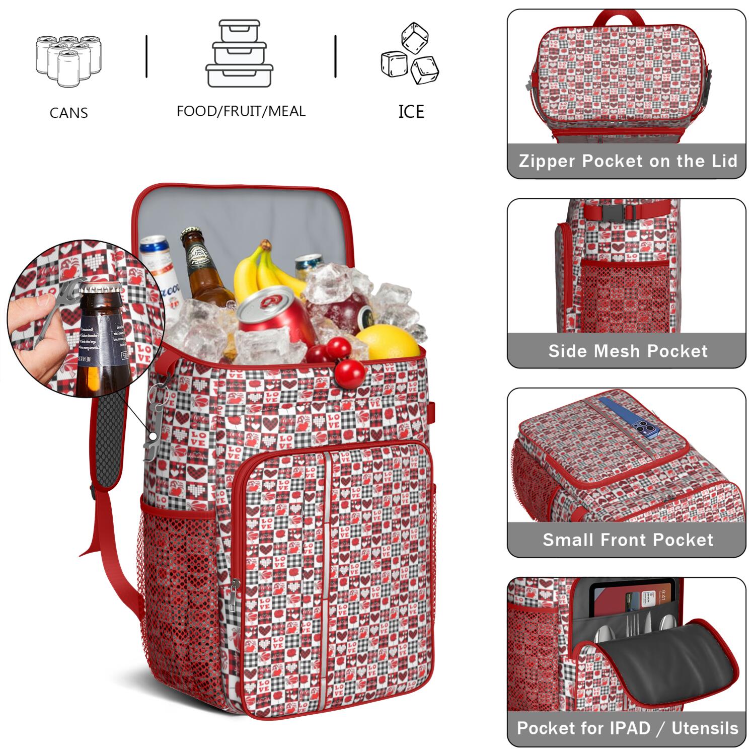 Travel Cooler Bag - Red and Black Christmas Love Pattern Camping Beer Cooler Backpack with Bottle Opener- Waterproof Insulated Picnic Backpacks - Cooler Bag for Beach