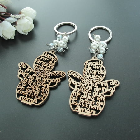 Baptism Favors For Baby Boy 12 PCS Baptism Angel Key Ring Made from Wood /Comunion Favors for Boy or Girl Recuerdos de Bautizo With Organza Bags ()