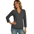 thumbnail image 5 of Womens 3/4 Sleeve Shirts Banded Bottom V Neck Summer Tops Loose Fit Casual Dressy Basic Tees Dark Gray M, 5 of 5