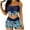 Blue, variant on Women's Fashion Color-Blocked Tropical Leaf Print Bandeau Drawstring High-Waisted Shorts Two-Piece Split Bikini Swimsuit Removable Padded Bra Beach Pool Summer Set