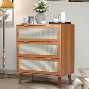 Segmart Brown 3 Dresser for Bedroom with 3 Drawers, Rattan Modern Closet Dressers, Chest of Drawers with Golden Handles, for Bedroom, Living Room, Hallway
